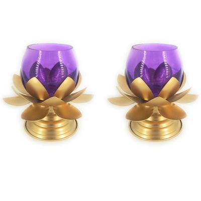 Lotus Shape Candle Stand with Purple Crakle Glass Holder for Home Decoration(5x5 Inches) Pack of 2