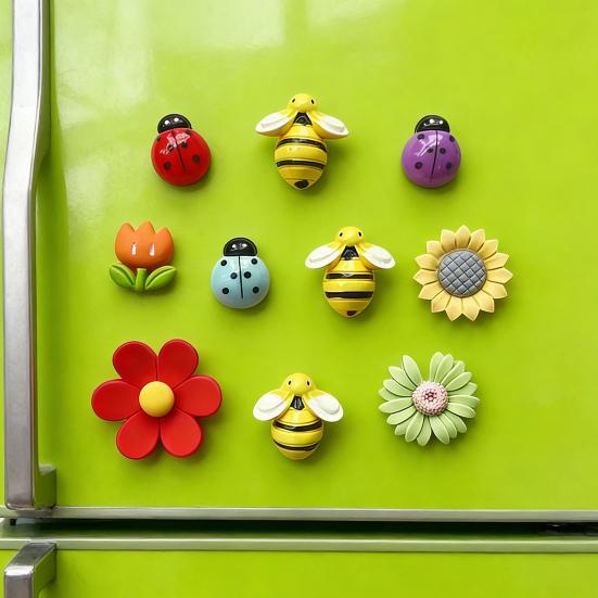 10Pcs Animal Flower Refrigerator Magnet Resin Ladybird Bee Tulip Sunflower Fridge Magnet Home Office Kitchen Whiteboard Locker Decoration Magnet