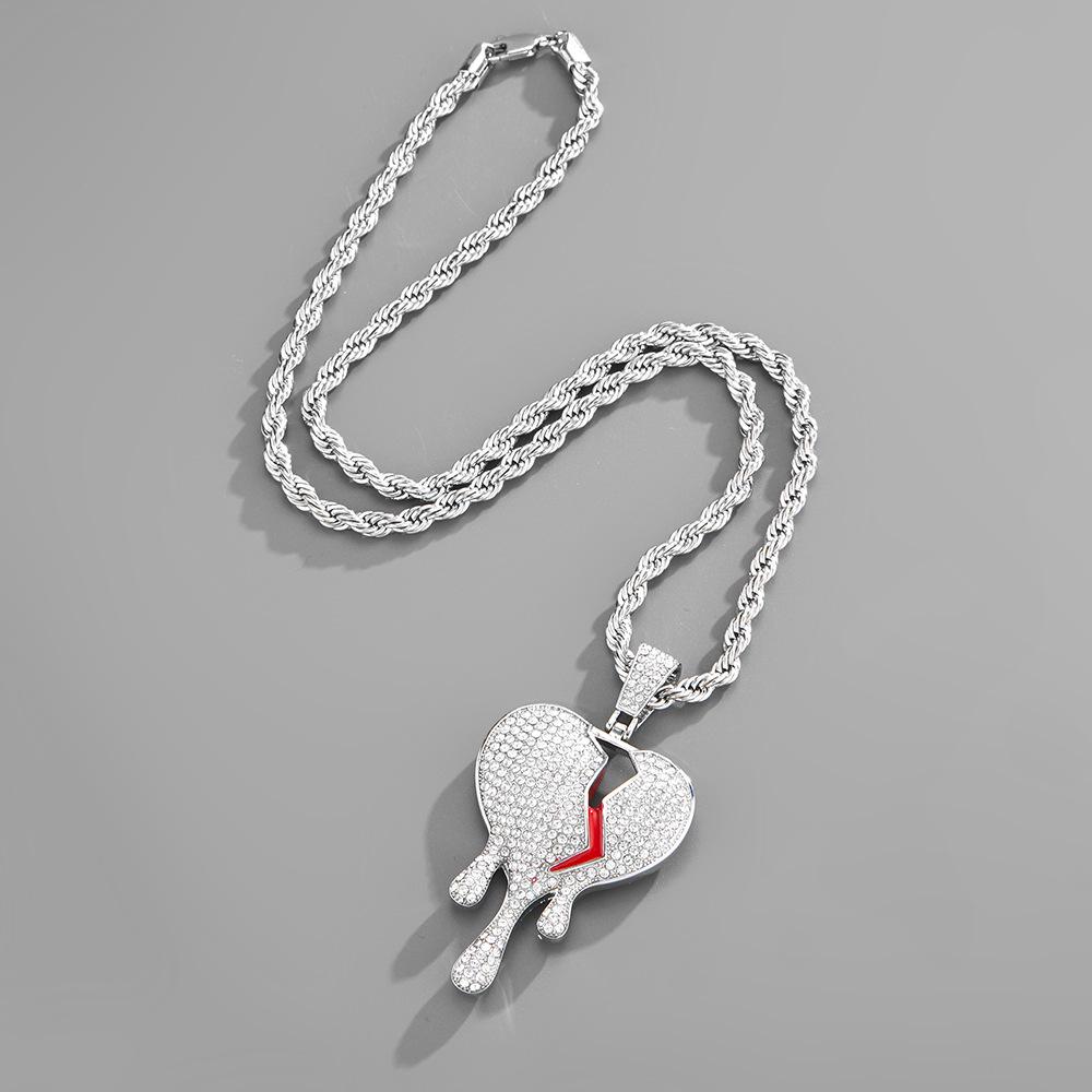 High-Quality European and American Full Diamond Water Drop Broken Heart Couple Necklace
