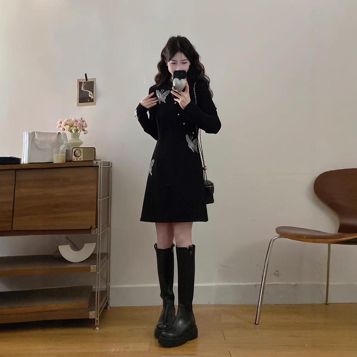New Plus Size Long-Sleeve Qipao Dress 2026: Early Spring Black Waist-Cinched Design L