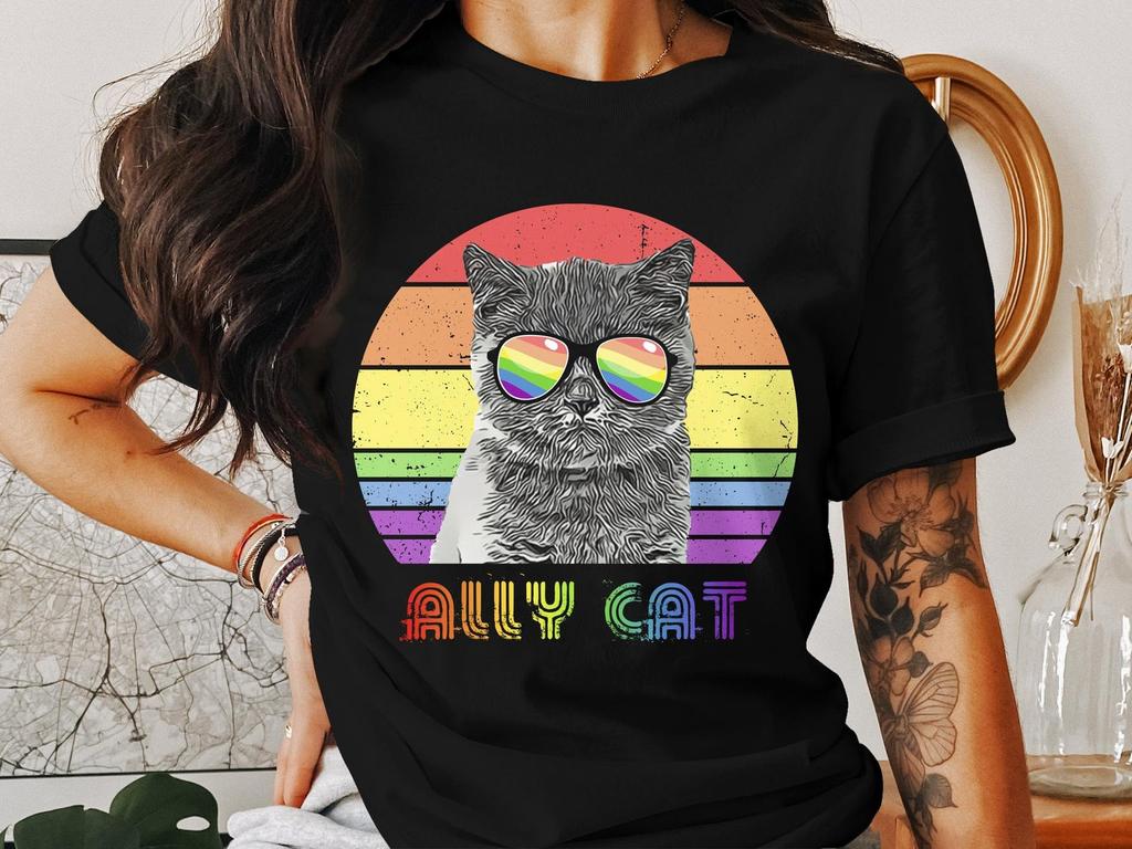 Retro Regenboog Kat T-shirt, Hipster Coole Kat met Bril, LGBTQ Ally Kat Tee, Kleurrijke Pride Steun Kleding, Unisex Grafisch Shirt