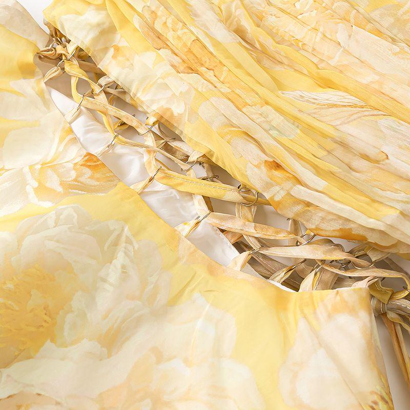 Kaslead New Women clothes Western Style Sexy One Shoulder Waist Hollow out Waist Hugging Floral Dress