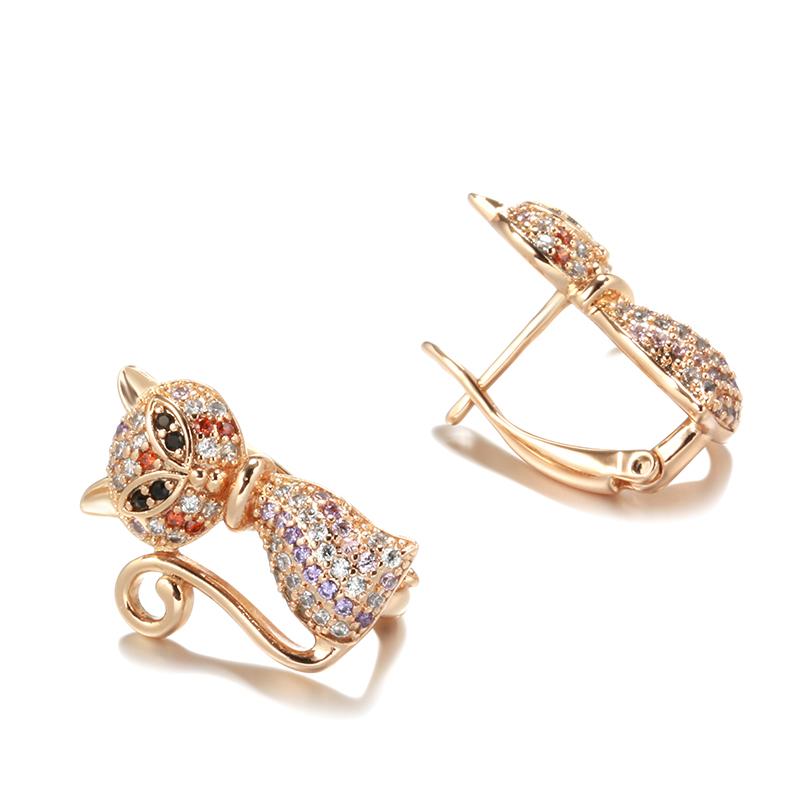 Fashion  Rose Gold Cute Cat Earrings For Girls Unique Black Natural Zircon Earrings Children Xmas Gifts Animal Jewelry