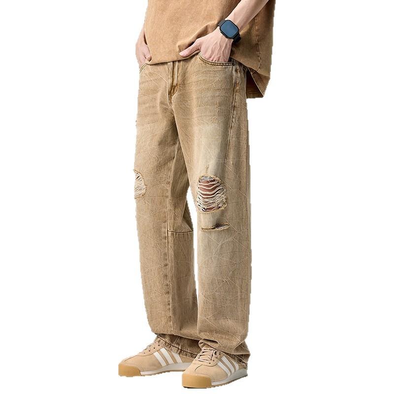 Weft Men's Jeans Loose Straight Old Washed Long Pants Ripped Pants Cm