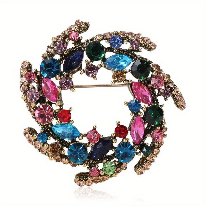 European and American Style Multi-Colored Floral Wreath Brooches, Fashionable Rhinestone Pins, Versatile and Elegant Suit Accessories