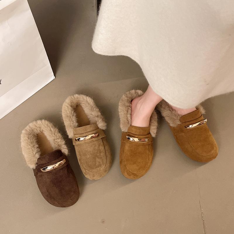 Vintage Beef Reverse Velvet Boken Slippers Fashion Wear Lazy Muller Shoes Versatile Flat Bottom Velvet Lamb Wool Half Drag