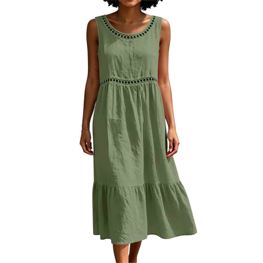 Women Sleeveless Crew Neck Cotton Linen Dress Hollow Out Lace Trim Midi Dress Summer Casual Loose Fit Solid Sundress