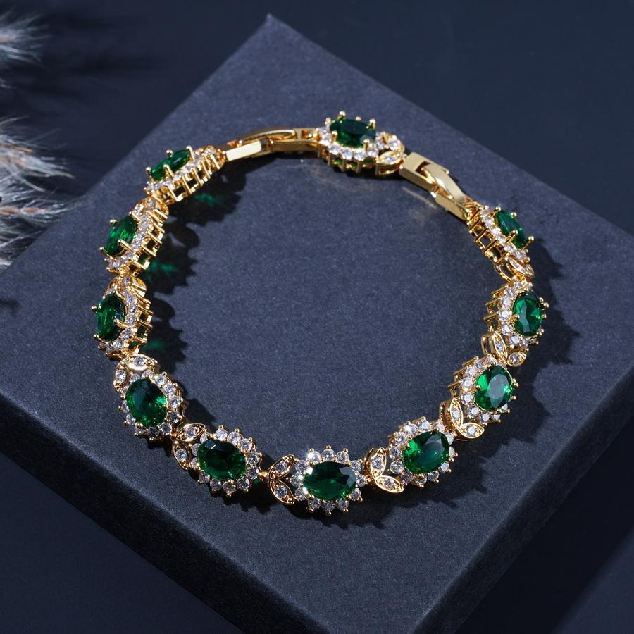 New Green Zirconia  Gold Plated Wedding  Jewelry Sets For Women Flower Style Earrings Necklace Adjustable Ring Bracelet