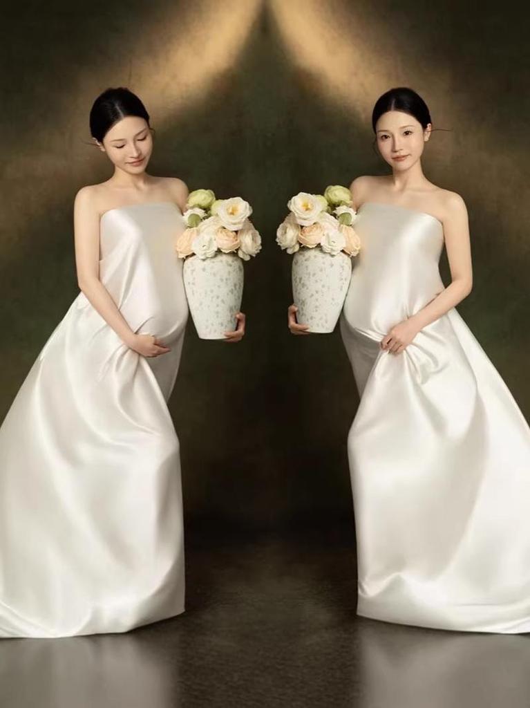 2026 Fashion Maternity Photoshoot Dress: New Satin Fabric Fairy White Outfit for Pregnant Moms