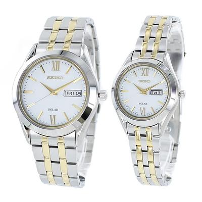 [Relojes Seiko] Relojes Solares de Pareja con Caja de Almacenamiento - Acero Inoxidable para Hombre y Mujer - Modelo SBPX085STPX033 [Importado]