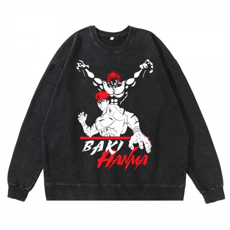 Heavyweight 360g Washed Vintage Baki Hanma Anime Graphic Hoodie-Free Cotton Sweatshirt Men