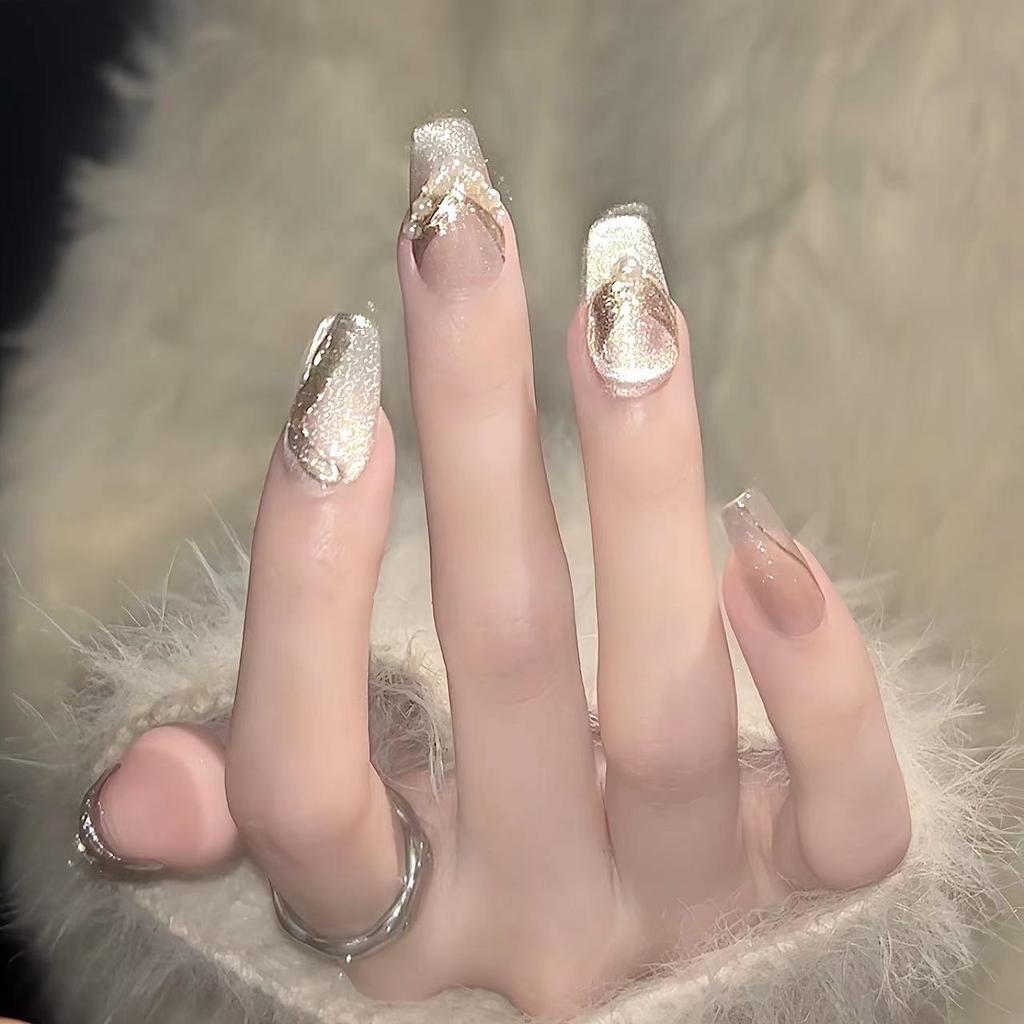 Handmade Full Cover Finished Press On Nails High End French Crystal Cat Eye Nail Stickers Reusable Detachable