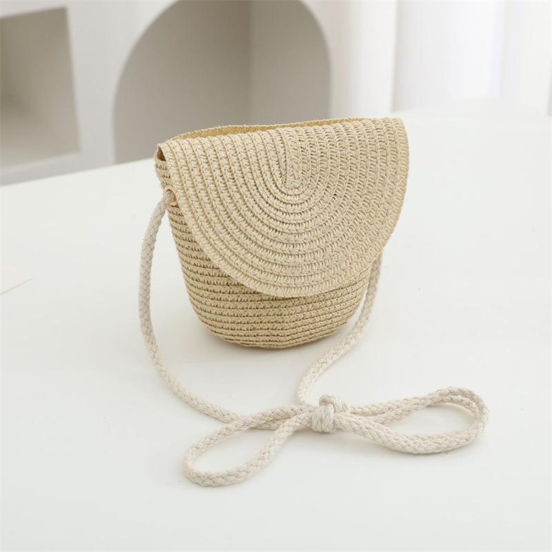 Summer Solid Color Straw Bag Shoulder Messenger Round Bag Children Versatile Outing Beach Bag Light Board DIY Round Weaving