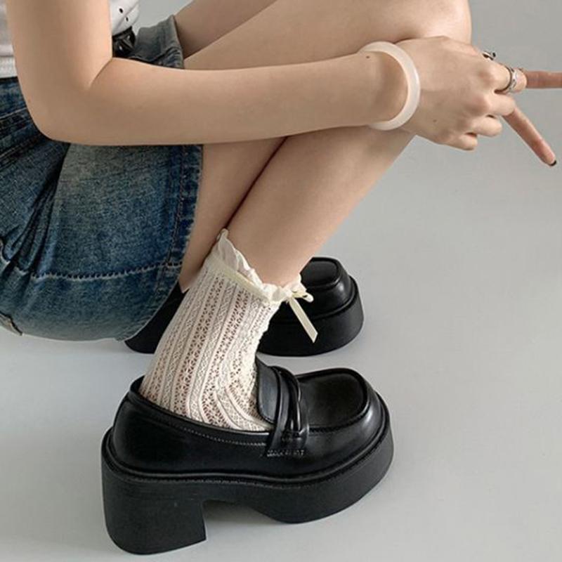 Lucyever Preppy Style Dicke Absätze Pumps für Damen 2024 Lackleder Klobige Plateau Slipper Frau Y2K Slip On Jk Lolita Schuhe