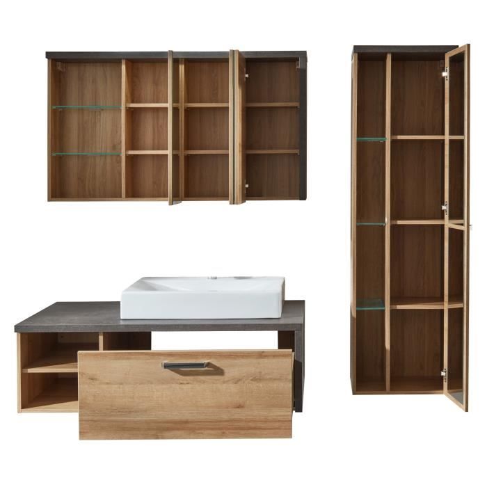 Ensemble meubles salle de bain vasque + colonne + miroir armoire - L186 x P53 x H198 cm - BAY