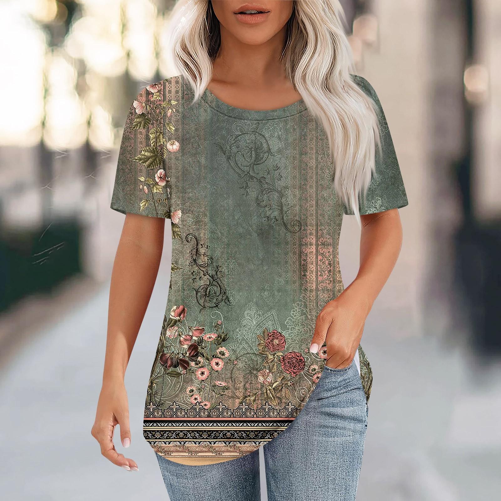 

Футболки для женщин, плиссированные, с круглым вырезом, нарядные, повседневные, блузки с принтом, с коротким рукавом, летние топы, свободный крой S