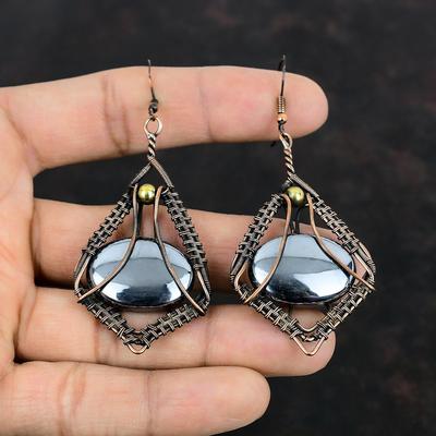 Pendientes de shungita, pendientes envueltos con alambre de cobre, pendientes hechos a mano, joyas de cobre con piedras preciosas, pendientes de diseñador, regalos para ella, joyas envueltas con alambre