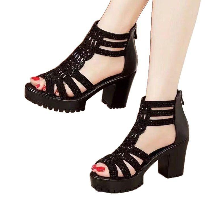 Summer Sandals Women's 2025 New Rhinestone Hollow Fashion Women's Sandals Fish Mouth Non-slip Versatile High-heeled Roman Sandals