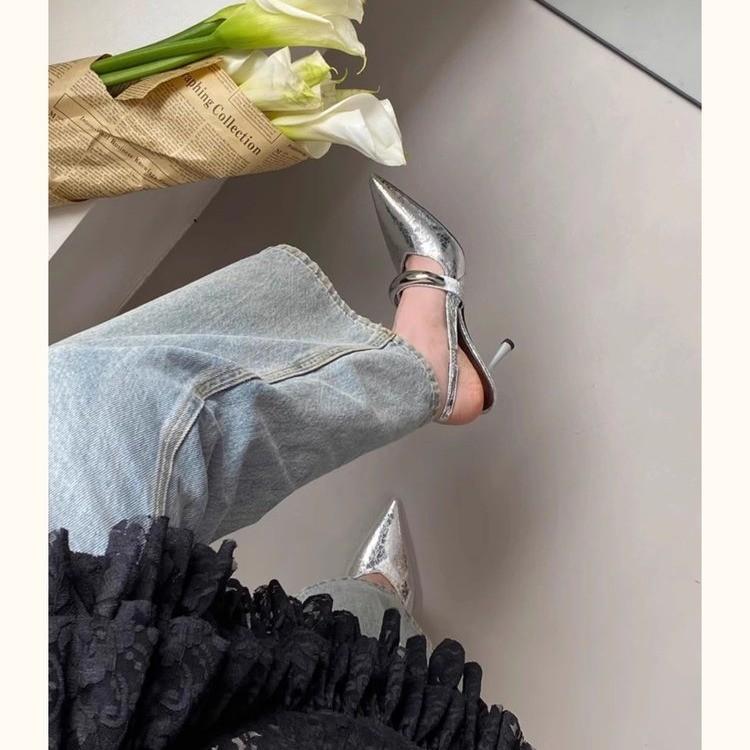Stiletto High Heels Pointed Toe Bag Head Sandals Women's 2025 Spring and Summer New Metal Elastic Band Rear Empty Beautiful Single Shoes Women