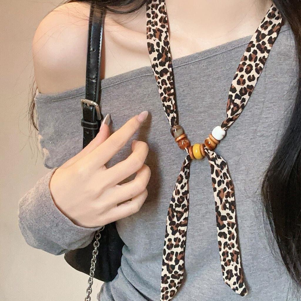 Coffee Blue Retro Wood Beads Long Silk Women Versatile Streamer Neck Protection Scarf New Small Scarf Spring, Summer and Autumn