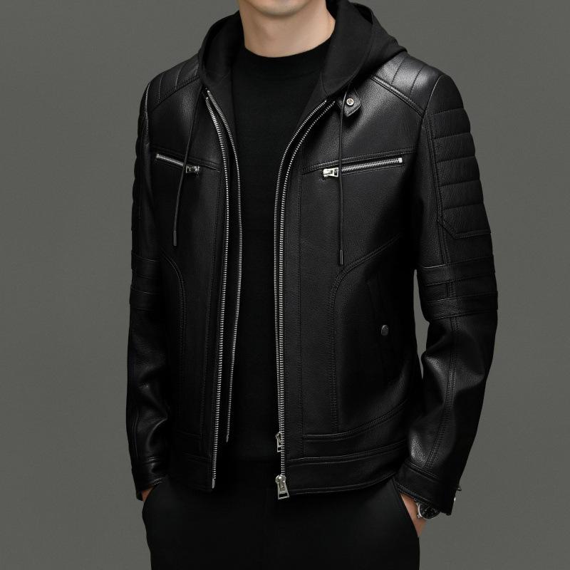 Men's Goat Leather Leather Jacket Men's Hooded Removable Youth Trend Motorcycle Clothing Leather Jacket