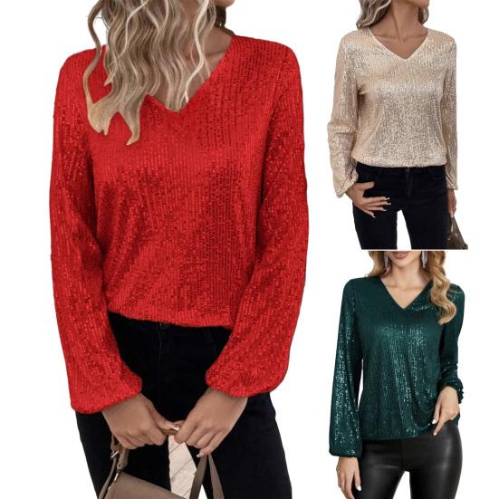 Women Tops V-Neck Lantern Long Sleeve Pullover Tops Loose Fit Solid Color Shiny Sequins Party Blouse Streetwear