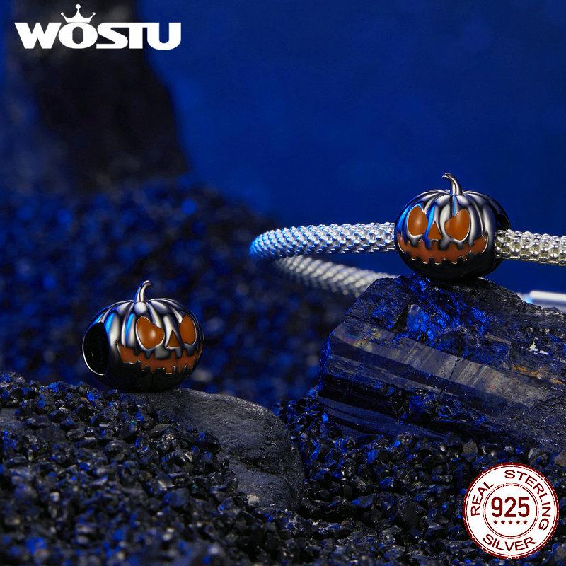 WOSTU 925 Sterling Silver Luminous Pumpkin Charms Elf Witch Pendant Devil's Eye Skull Beads Fit DIY Bracelet Necklace Halloween