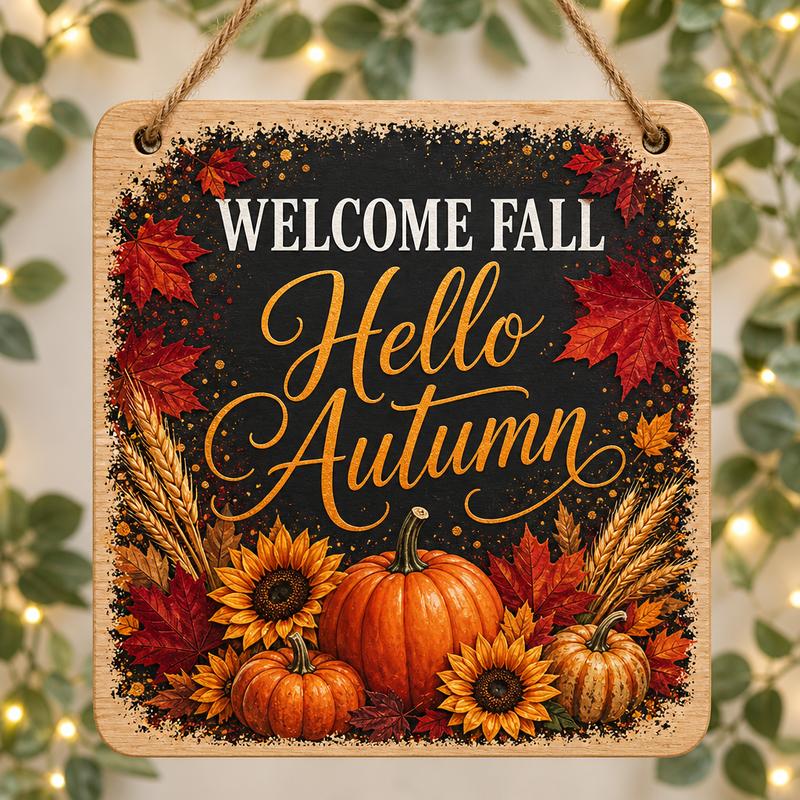 Round Wooden Halloween Sign 20x20cm | Farmhouse Wall Art Pumpkin Wreath Plaque | Rustic Wooden Hanging Decor for Porch and Door