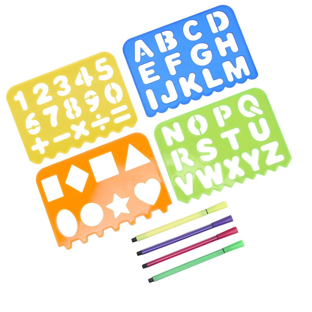 Drawing Stencil Kit Children Number Letter Shape Drawing Template Ruler Pen White Paper Set