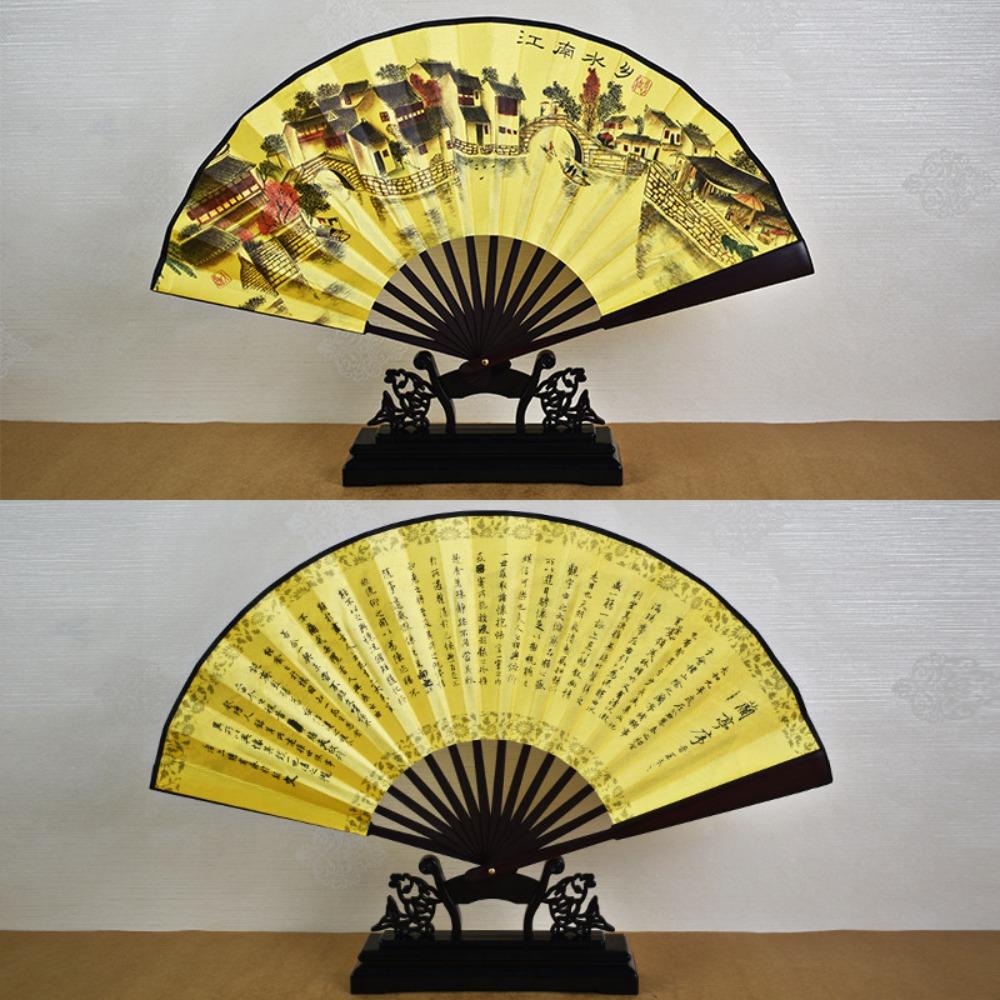 Leque de mão de tecido de seda, alça de bambu, leque de bambu, ventilador dobrável decorativo para dança diária de verão