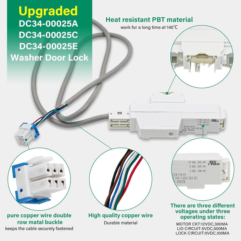 DC34-00025E,DC34-00025A, DC34-00025C Washer Door Lock Switch Compatible with Samsung Washer Replaces AP6037187, PS11771585,4546106, AP6225255,