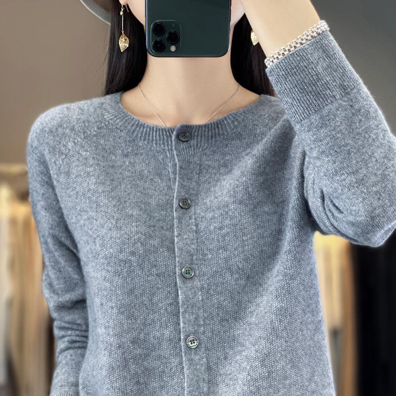 

Жіночий вовняний кардиган преміум-класу - Круглий виріз, Довгий рукав, Універсальний в язаний светр, Готовий до носіння осінньо-зимовий верхній одяг M (100-110 jin)