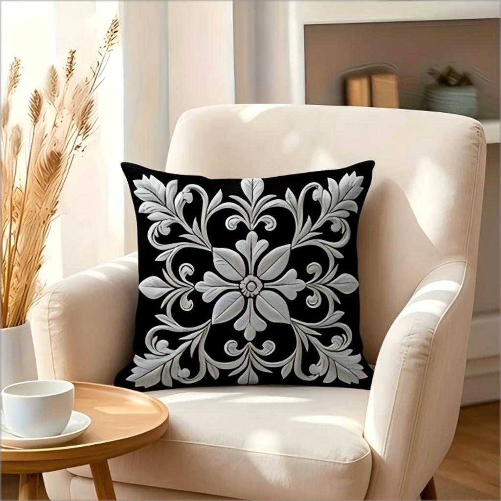 Black Silver Damask Pillow Cover 2D Faux Embroidery Print Vintage Floral Cushion Case For Sofa Bed Couch Elegant