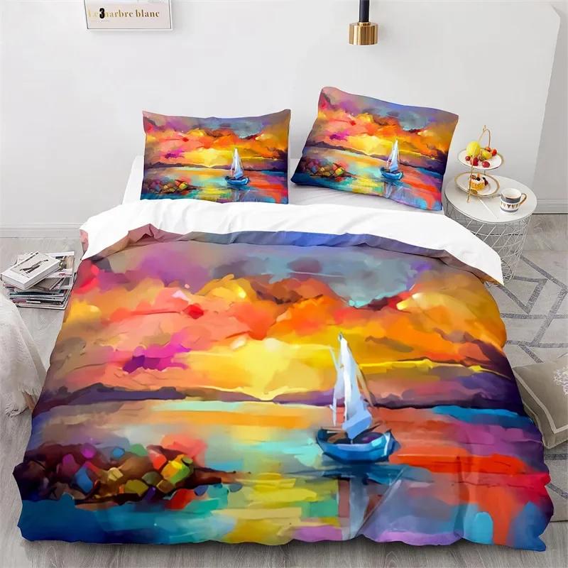 Oil Painting Duvet Cover Twin King Abstract Art Print Bedding Set Microfiber Landscape Tree Comforter Cover For Kids Teen Room