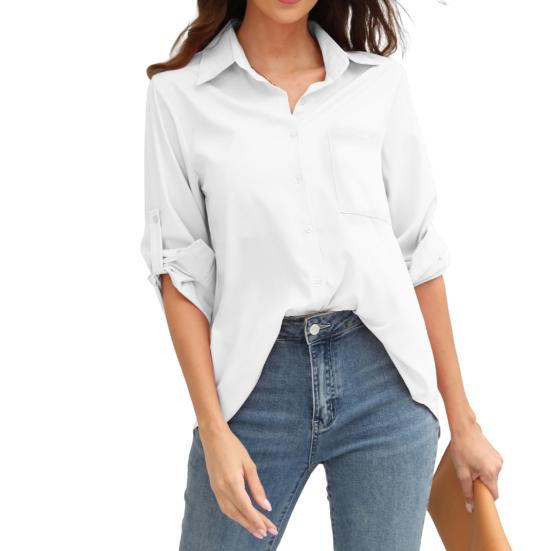 

Карманная однобортная рубашка большого размера, женская рубашка с рукавами, простой повседневный топ с нашивкой S белый