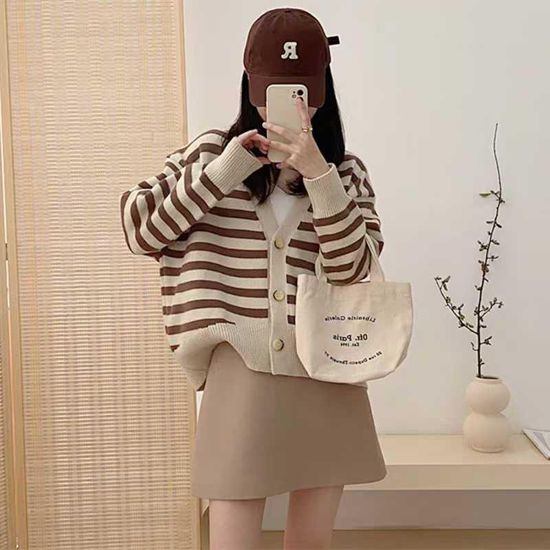 Korean Style Striped V-Neck Chic Knit Cardigan Sweater for Women