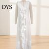 Pleated Dress Women Bohemian Long Summer Ruffle Deep V Neck Sleeveless Swing Solid Color Loose Casual Beach Vacation Maxi