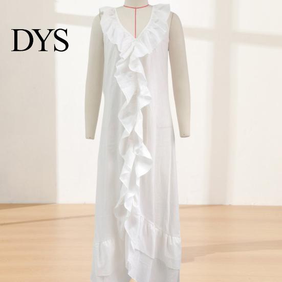 Pleated Dress Women Bohemian Long Summer Ruffle Deep V Neck Sleeveless Swing Solid Color Loose Casual Beach Vacation Maxi
