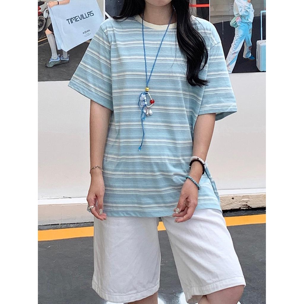 No Price Reduction, Contrasting Color Striped Short-sleeved T-shirt, Women's Korean Lazy Style Loose Casual Crew Neck Top Trend