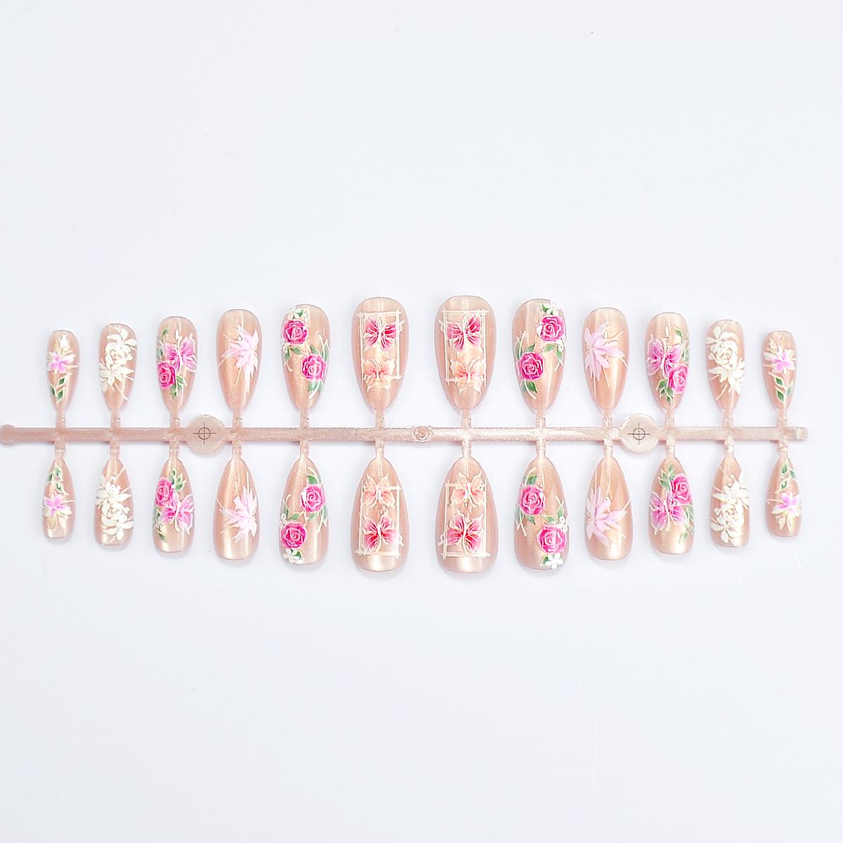 Spring Floral Almond-Shaped Wearable Nail Tips with Rose & Butterfly Design - 24 Pieces