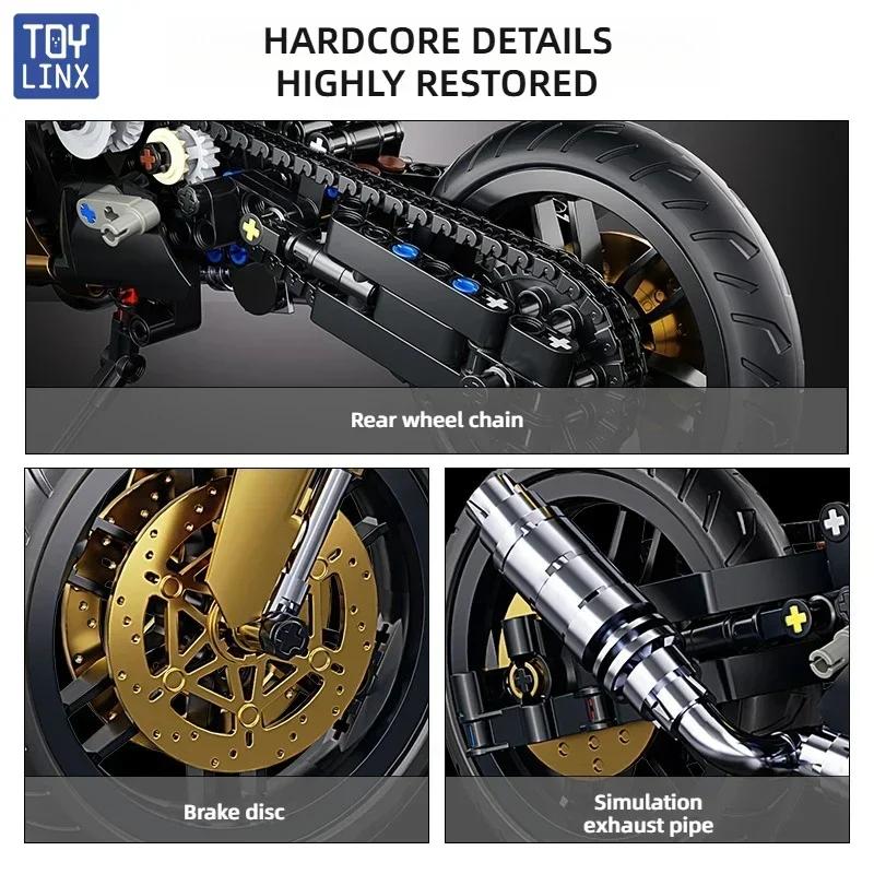 TOYLINX 1:10 Scale Technic Motorcycle Building Blocks 703pcs Black Gold Mechanical Racing Bike Model Kit Movable Parts STEM Toys