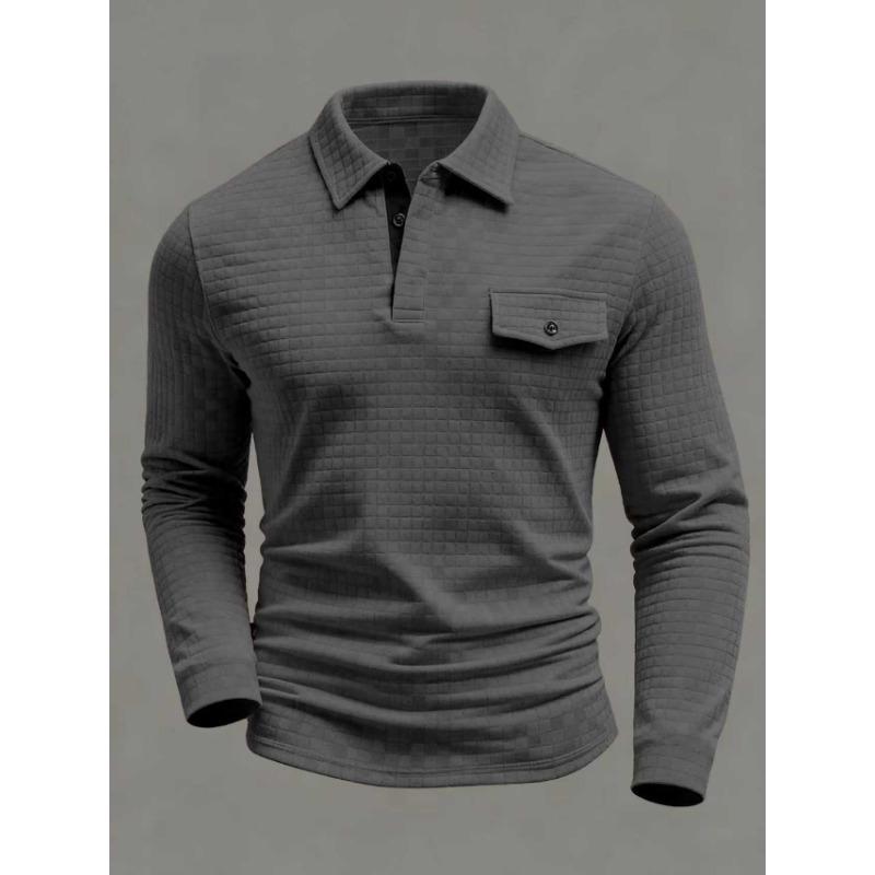 Spring Men's Long Sleeve Plaid Polo Shirt Button Pocket Sports Polo Shirt