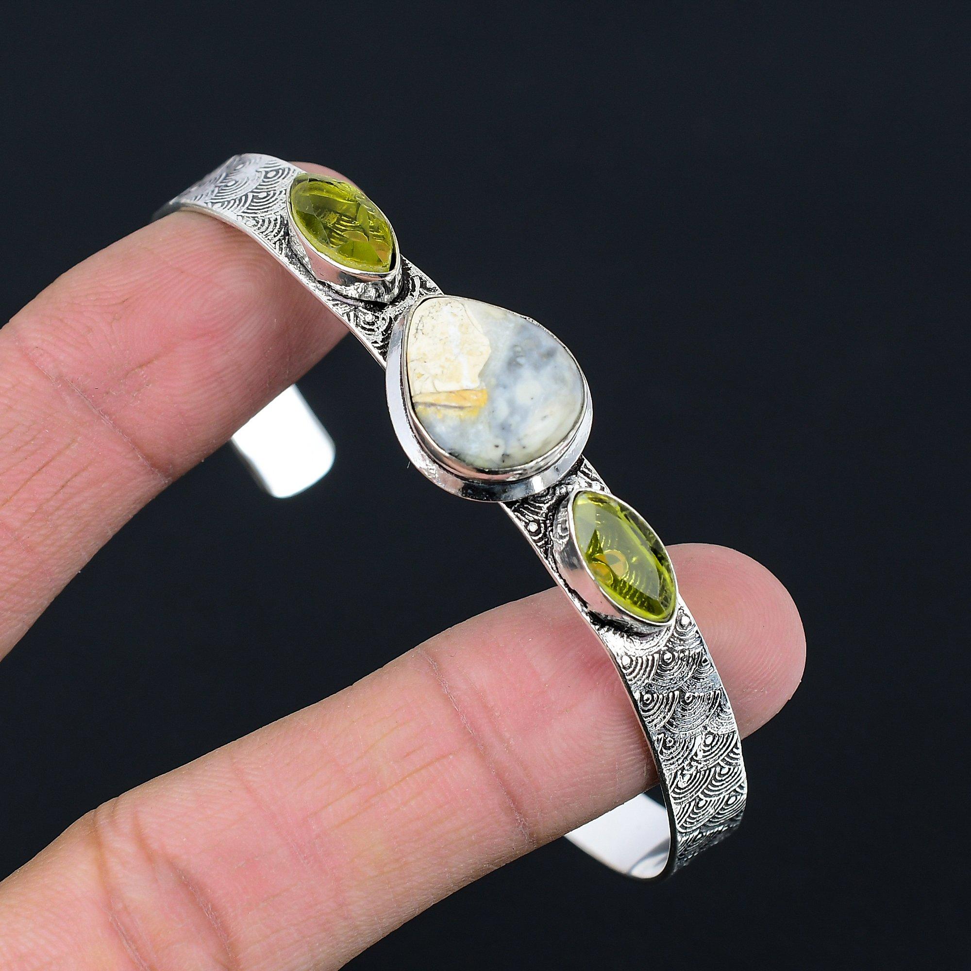 

925 Sterling Silver Pear Maligano Jasper Stone Citrine Wife Boho Bangle Jewelry Adjustable