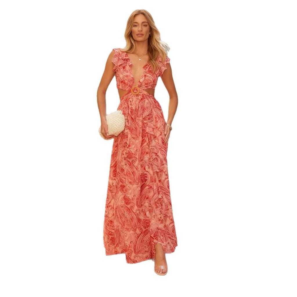 European and American Spring 2026 Women's Elegant Floral Deep V Cut-Out Waist Dress