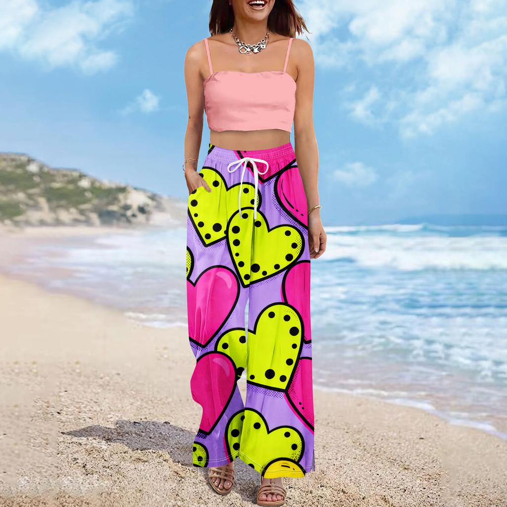 Pantaloni largi cu talie înaltă pentru femei, stil boho de vară, stil palazzo, cu imprimeu, casual, cu buzunare