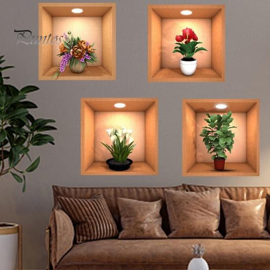 4Pcs/Set Potted Plants Wall Sticker 3D Effect Self-adhesive Waterproof PVC Removable Living Room Bedroom Modern Wall Art Green Plant Decoration Decal
