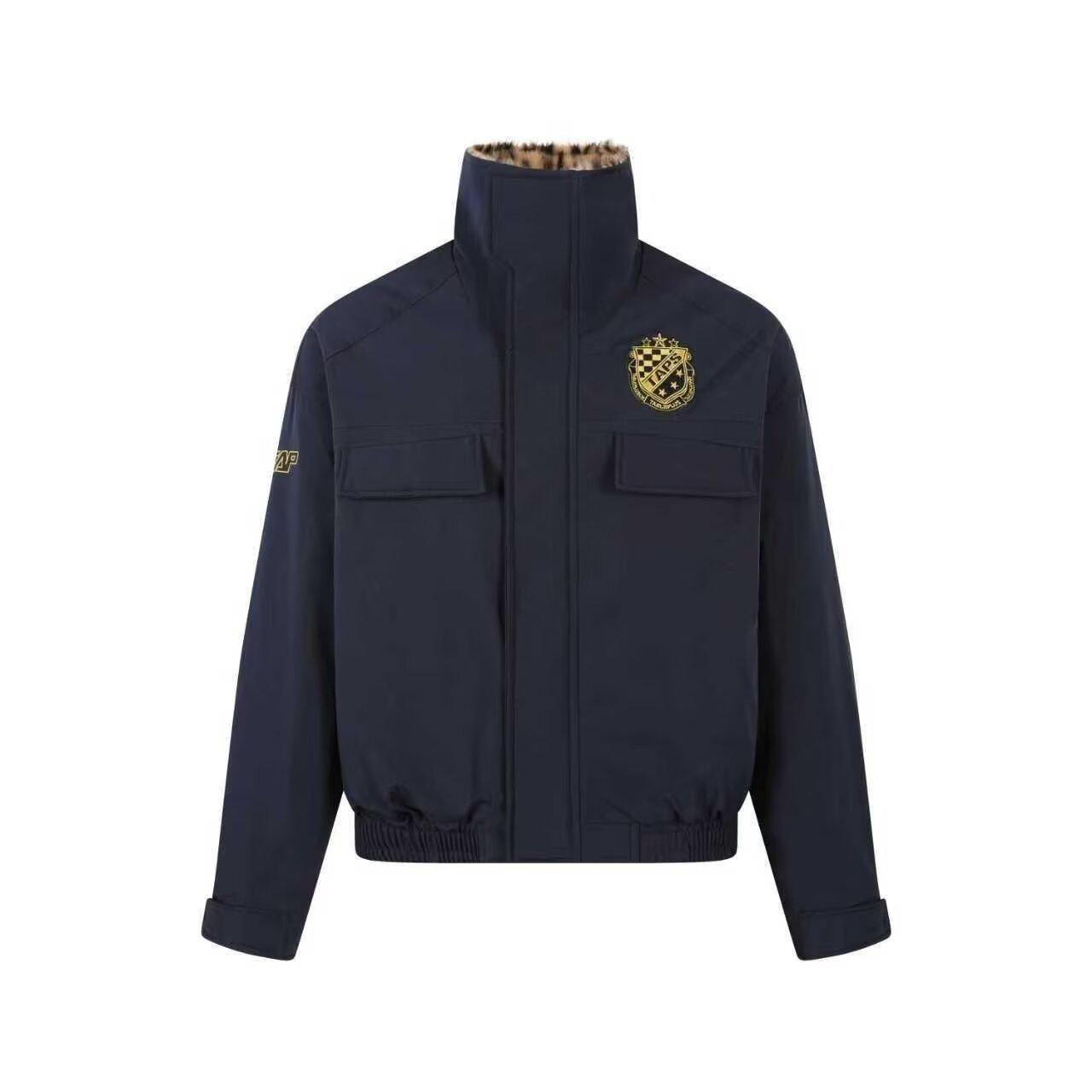 

Men s Dark Blue Leopard Print Padded Cotton Bomber Jacket with Stand Collar - Winter American Style 2XL