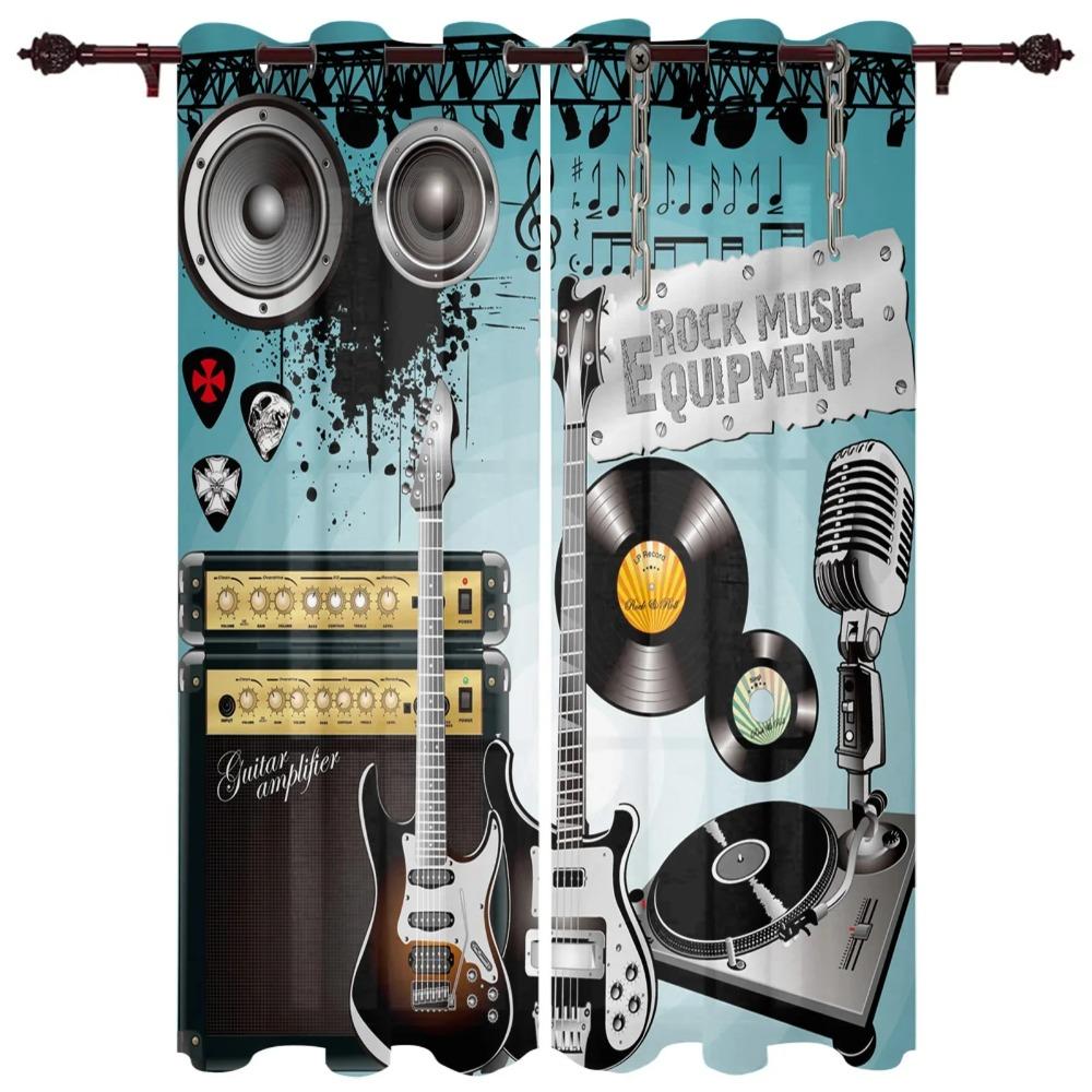 2 Pieces Music Stage Electric Guitar Instrument Design Sunshade Curtains for Living Room Bedroom Home Decoration Thin Curtains