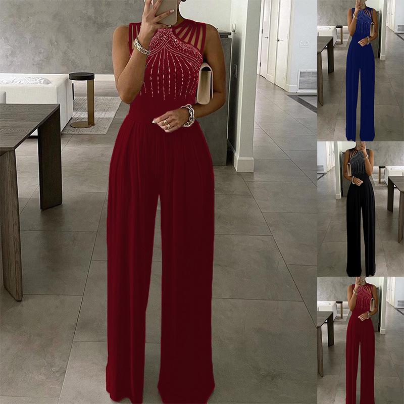 Women's Slimming Solid Color Jumpsuit with Brick Decoration - Summer Casual Long Pants