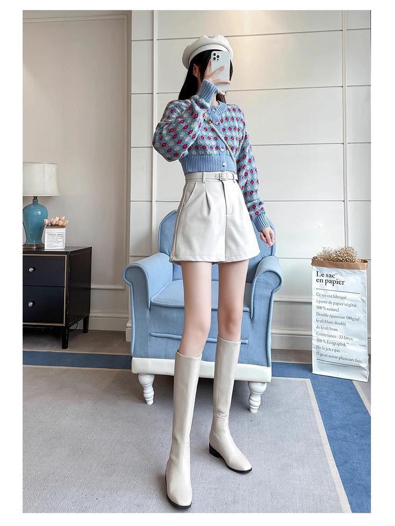 High-Waist Black PU Leather A-Line Boot Pants for Autumn/Winter 2024: Women's Casual Shorts with Loose Fit